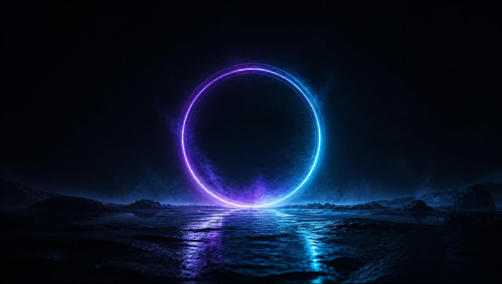 Luminous blue and violet portal in a dark landscape